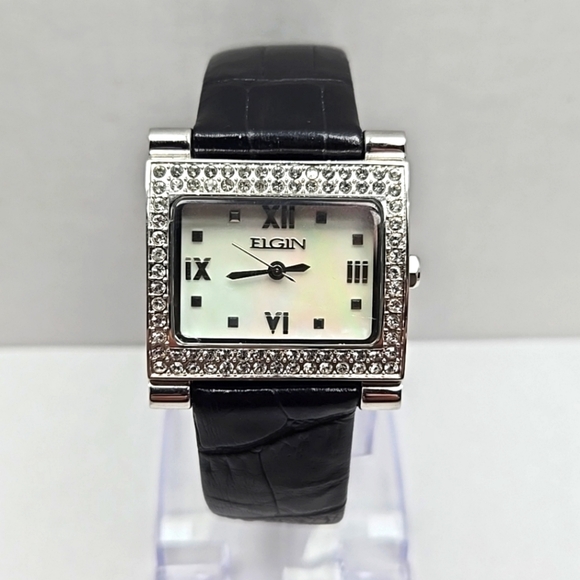 Womens Elgin Silver Tone Watch Mother of Pearl Leather Pave Crystals New Battery - Picture 1 of 11
